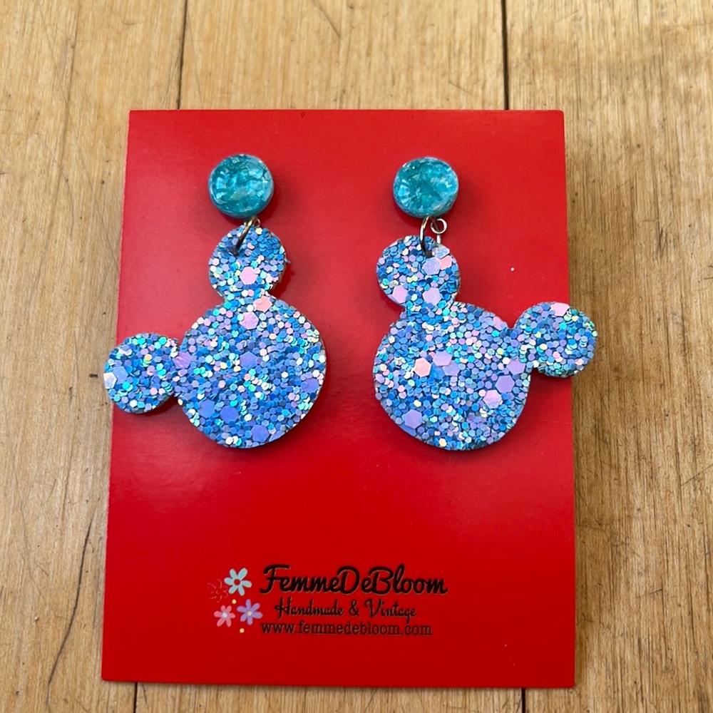 Blue sparkle Mickey earrings